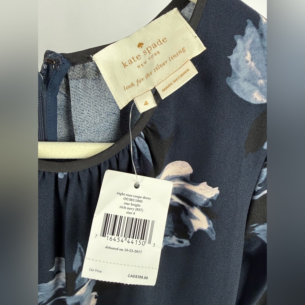 Kate Spade Night Rose Crepe Dress Size 4 NWT Navy Floral Bell Sleeve A-Line - Picture 8 of 9